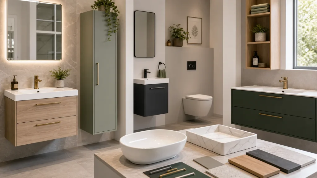 Bathroom showroom display of vanity units and storage options