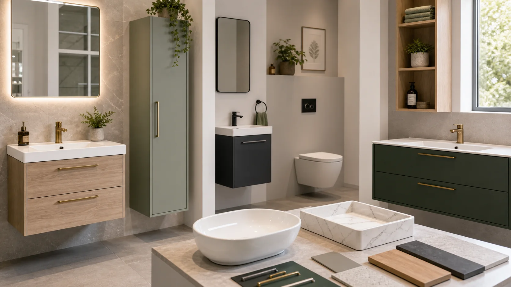 Bathroom showroom display of vanity units and storage options