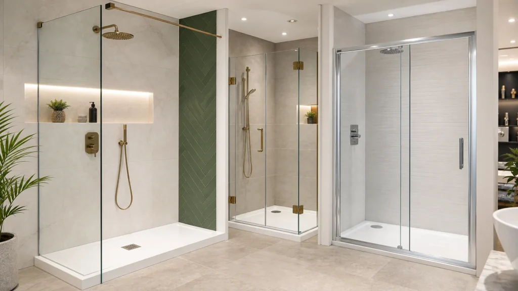 Bathroom showroom display of walk in hinged and sliding shower screens