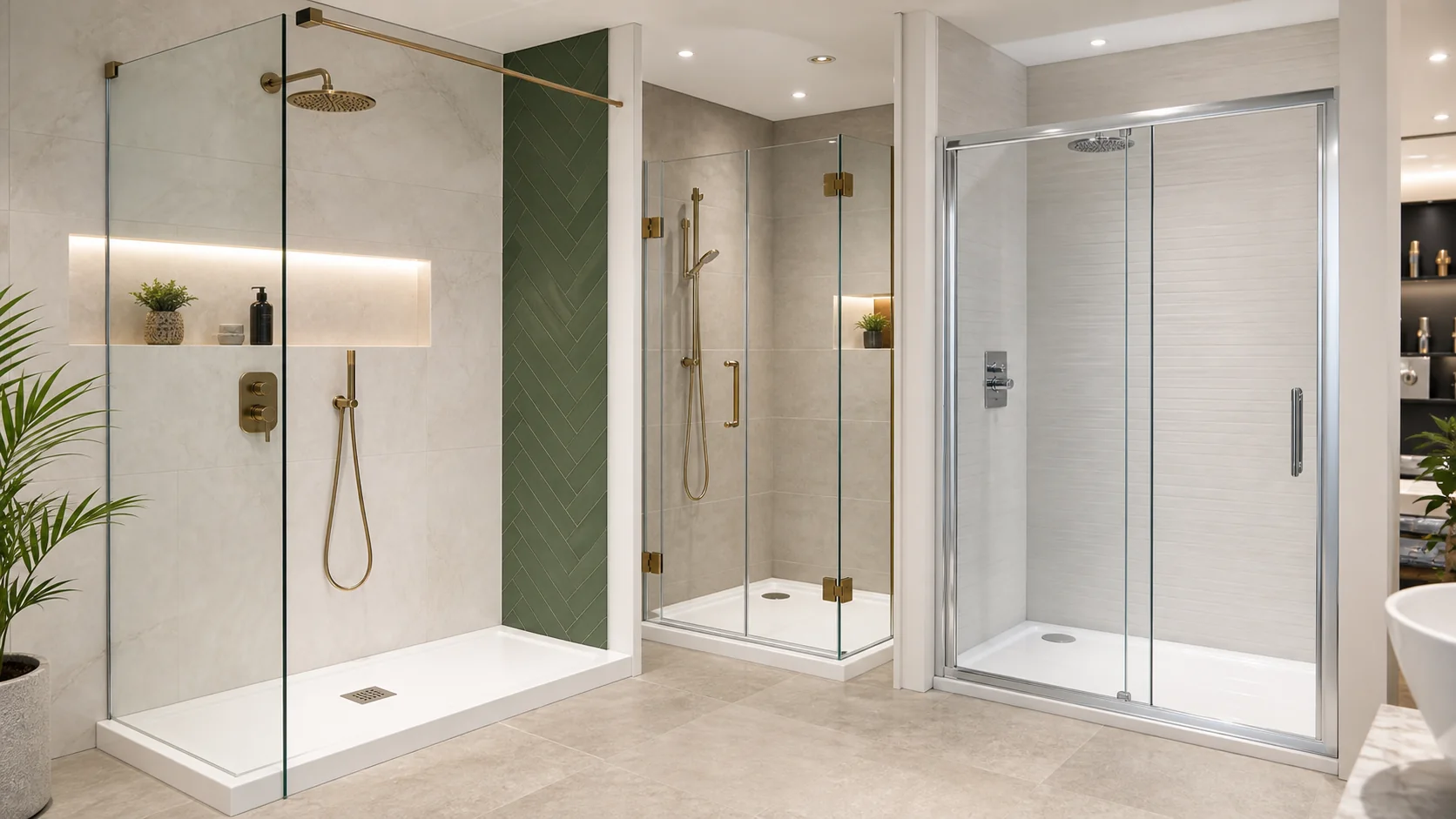Bathroom showroom display of walk in hinged and sliding shower screens