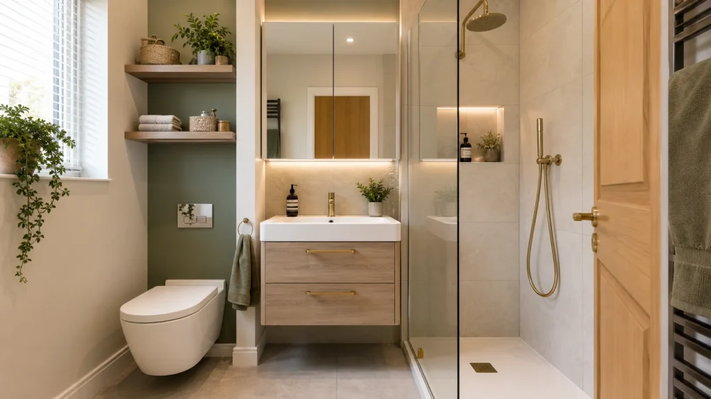 Small UK bathroom with wall hung vanity and walk in shower ideas