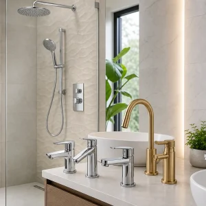 Modern chrome and brushed brass showers and taps in a bright bathroom showroom